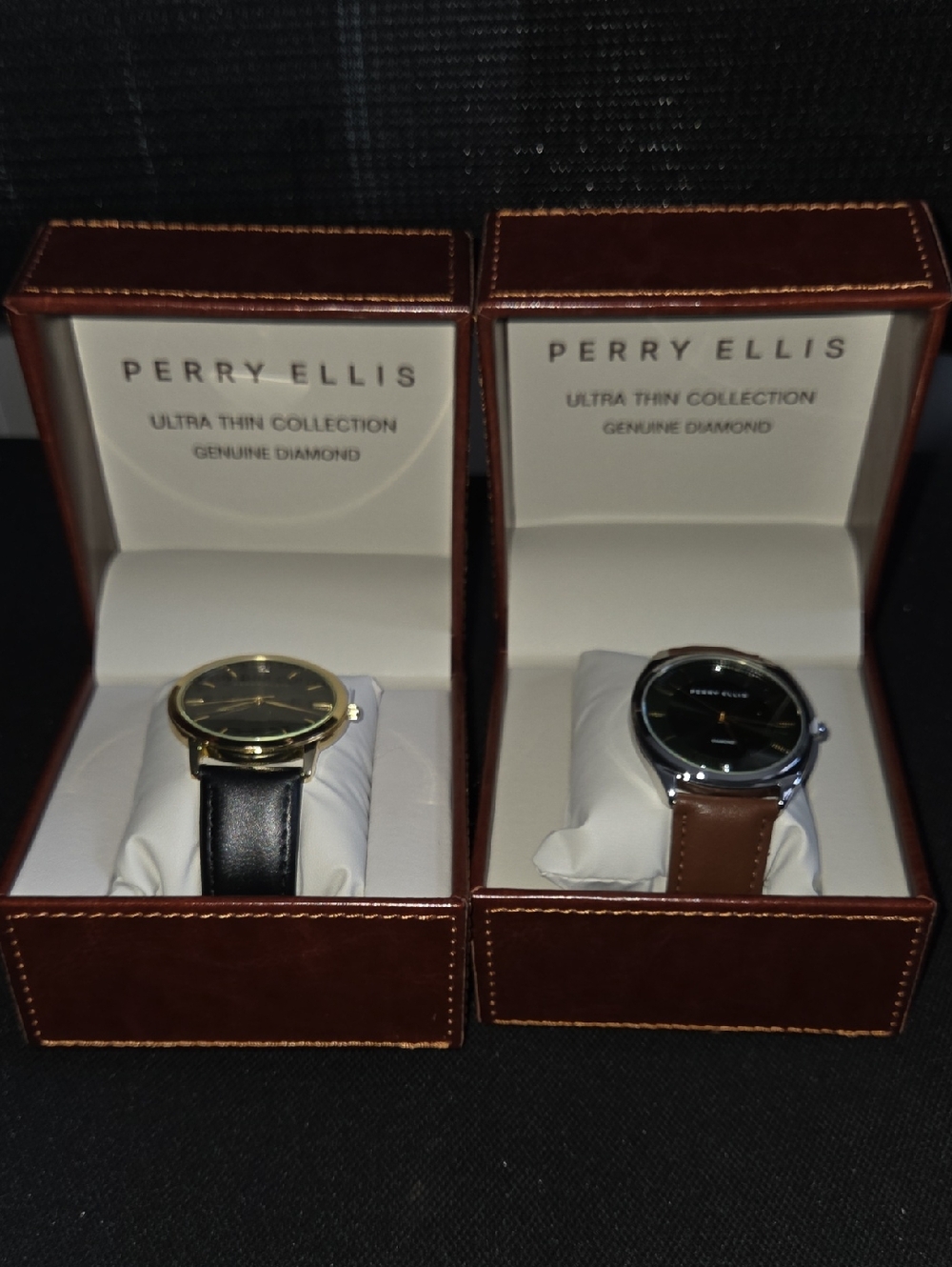 Perry Ellis Men’s Ultra Thin Leather Strap Watch - Black & Brown